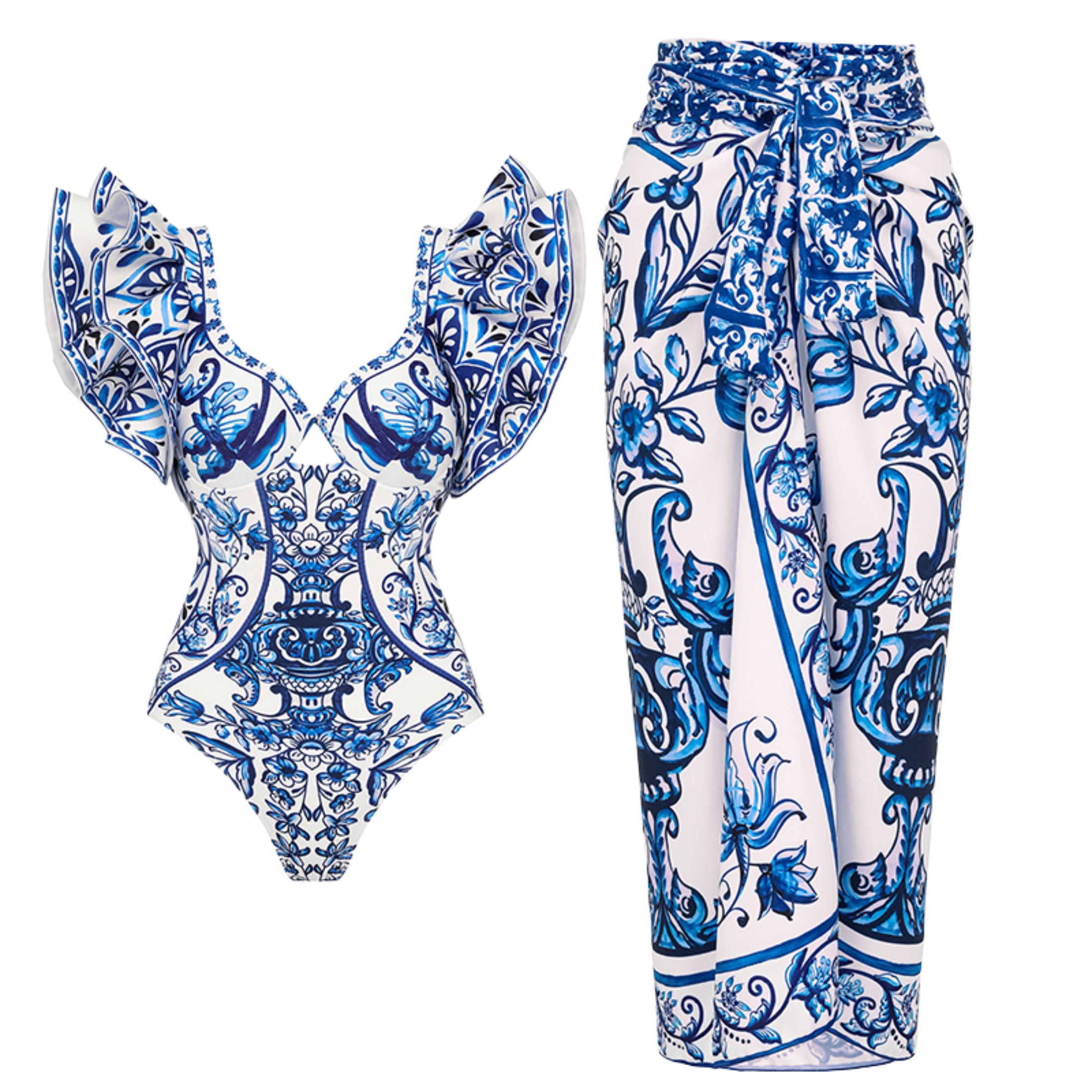 Flaxmaker Women One Piece Swimsuit Set Ruffle Blue White Porcelain Pattern Print Two Piece Bathing Suit Swimwear